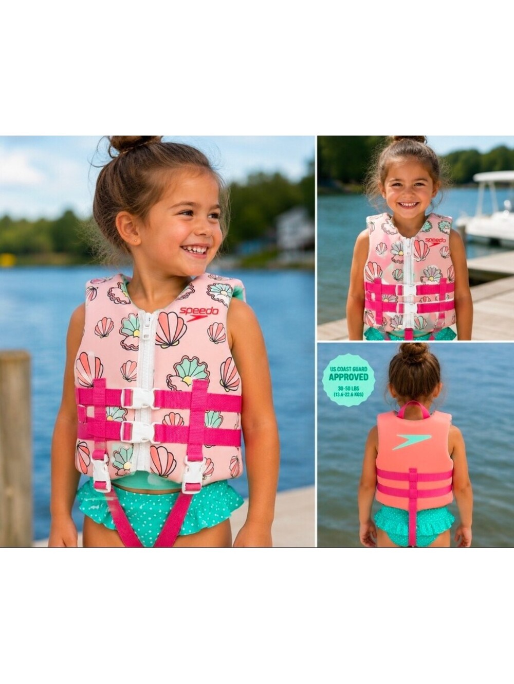 Speedo Kids USCG Approved Life Jacket Vest 30-50 lbs Seashell Print NWT Pink